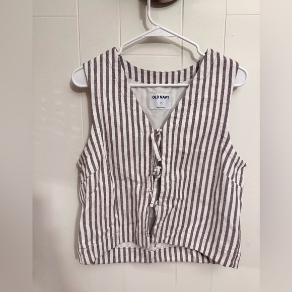 Old Navy Sleeveless Tie Front Blouse Brown White Stripe Linen Med Cottagecore - Picture 4 of 9